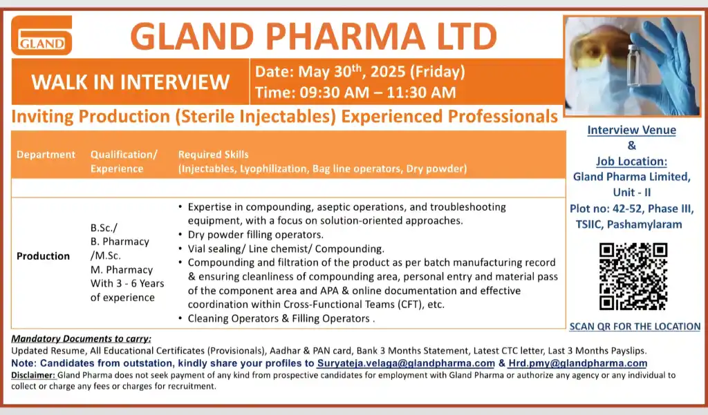 Gland Pharma Walk-In Interview for Production (Sterile Injectables) Roles on 30th May