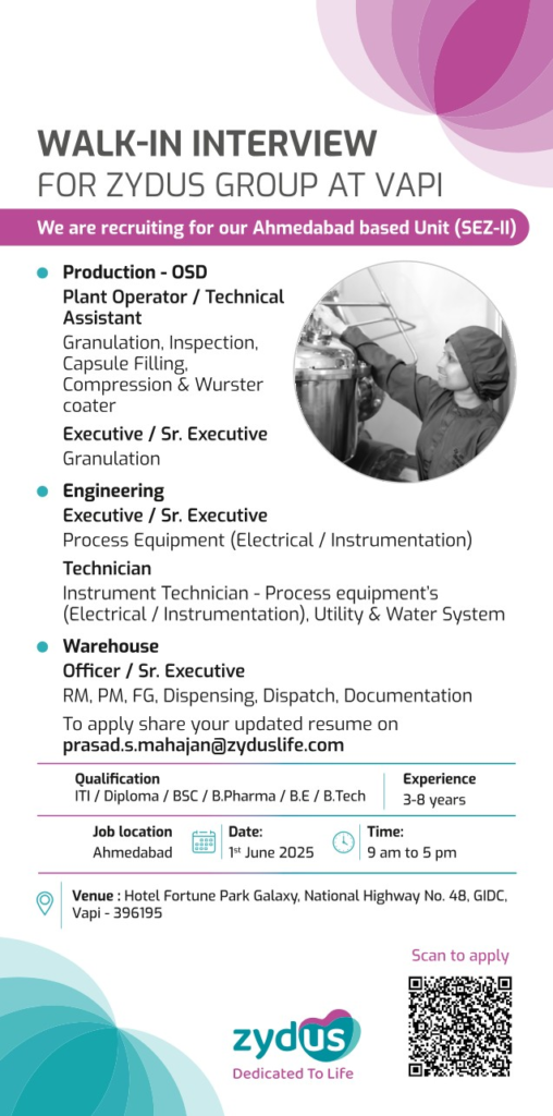 Zydus Group Walk-In Interviews for Production, Warehouse & Engineering Roles on 1st June