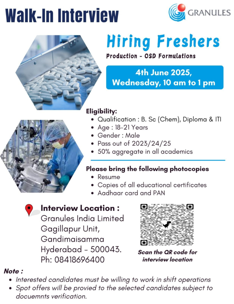 Granules India Limited Walk-In Interviews for Freshers for Production OSD Formulations on 4th June