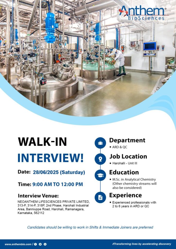 Anthem BioSciences Walk-In Interview for ARD & QC Roles on 28th June