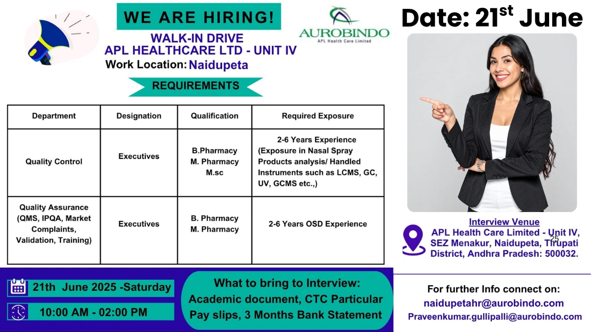 APL Healthcare Walk-in Drive for Quality Control & Assurance Roles