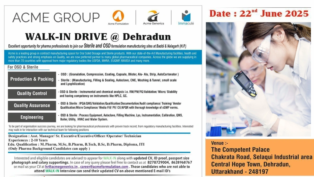 Acme Group for Pharma Walk-In Interview for Professionals