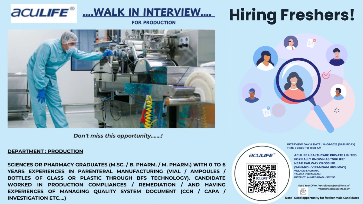 Aculife Healthcare Walk-In Interview for Production Jobs on 14th June (0-6 Years Exp)