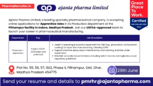 Ajanta Pharma is Hiring Freshers for Apprentice (Production) in Pithampur