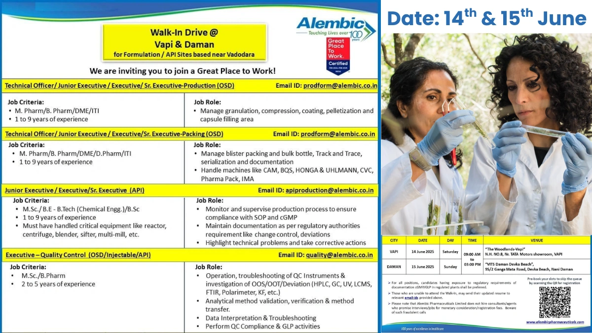 Alembic Pharmaceuticals Walk-In Drive 2025 for Production, Quality Control & Packing Roles