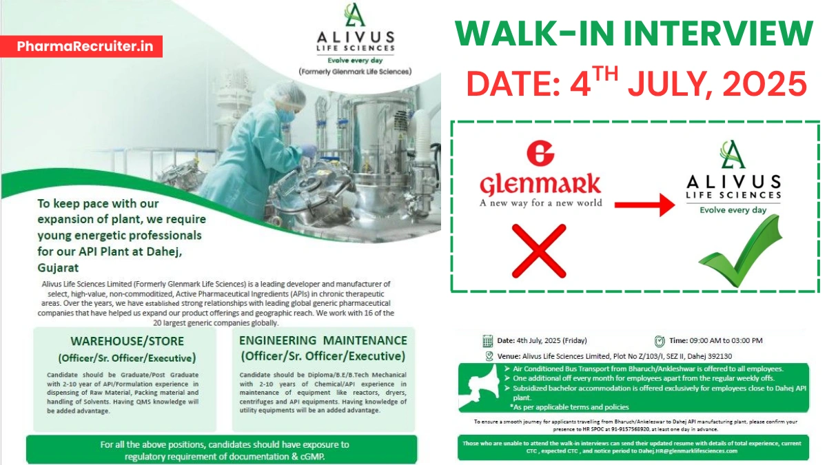 Alivus Life Sciences - Walk-In Drive for Warehouse and Engineering Maintenance Roles in Dahej, Gujarat – July 4, 2025