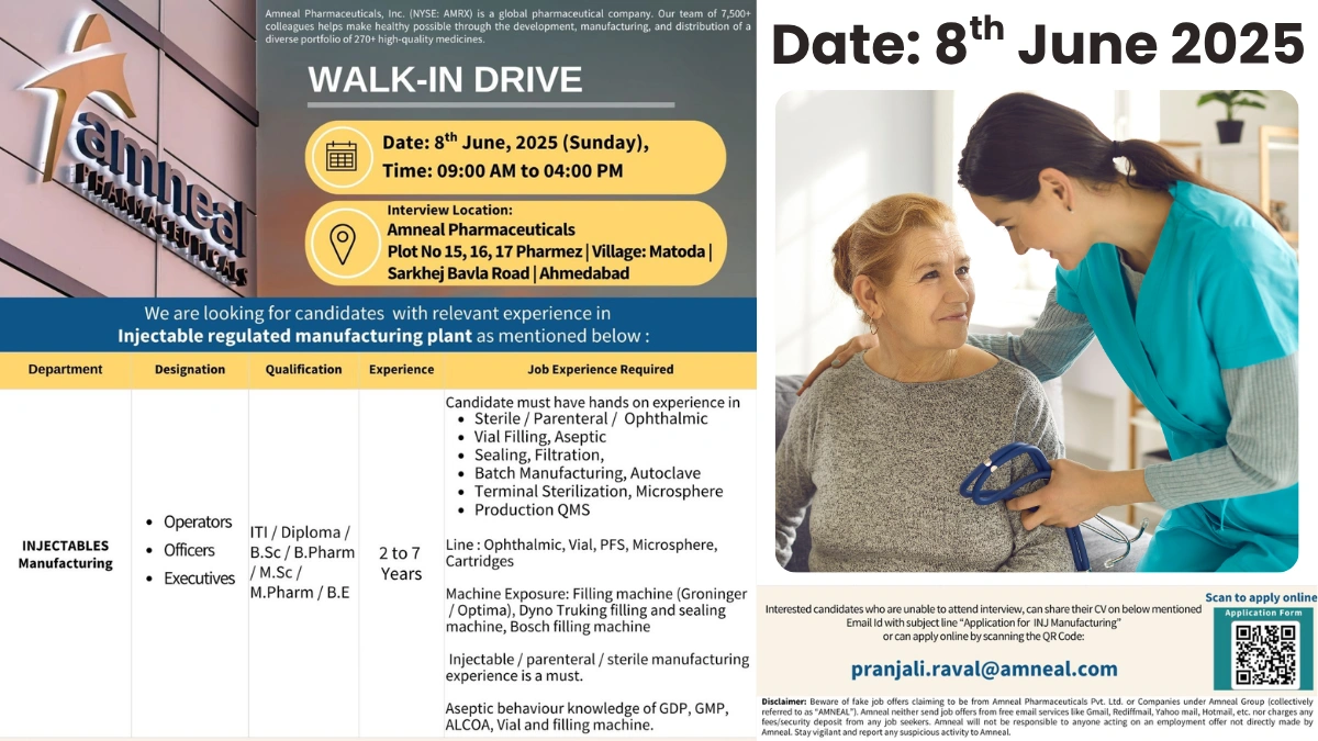 Amneal Pharmaceuticals Walk-In Drive for Injectable Manufacturing Jobs