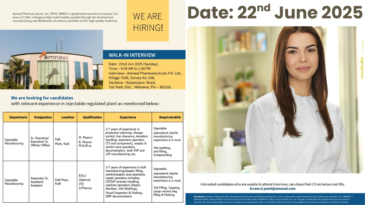 Amneal Pharmaceuticals Walk-In Interview for Injectable Manufacturing Roles