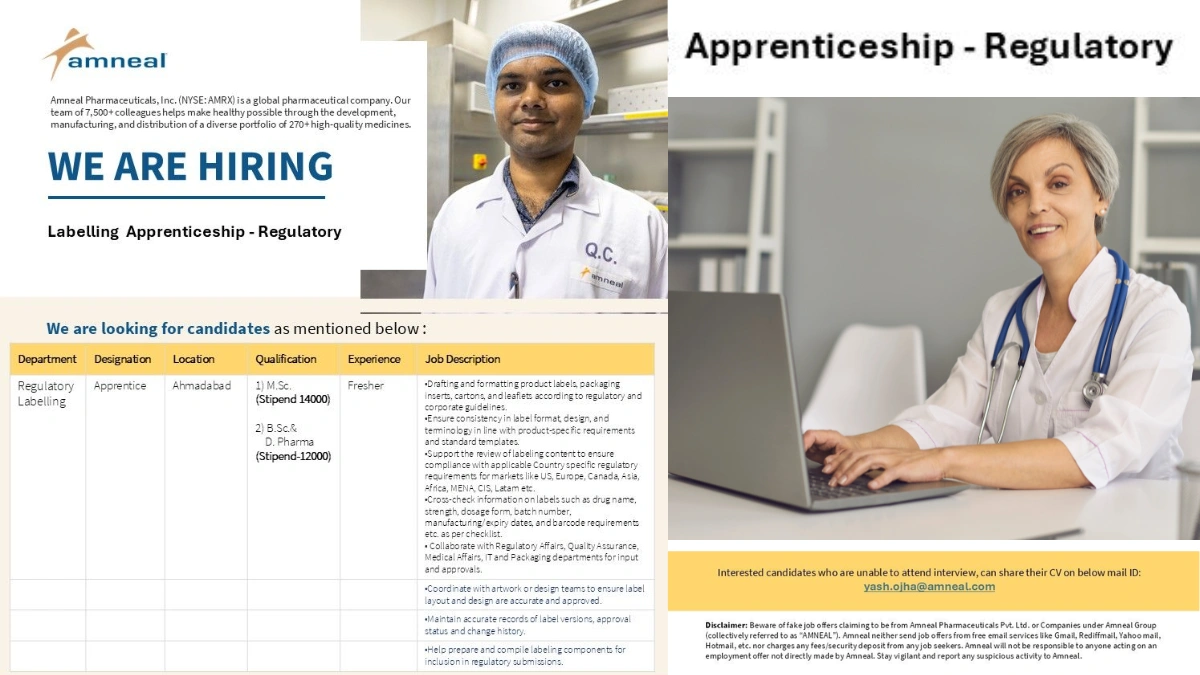 Amneal Pharmaceuticals Walk-In Interview for Labelling Apprenticeship in Ahmedabad