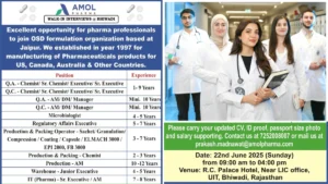 Amol Pharma Walk-in Interviews for Production, QA, QC, Regulatory Affairs, Warehouse & Microbiologist Roles