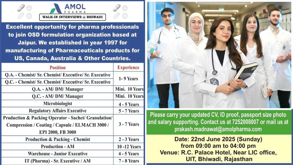 Amol Pharma Walk-in Interviews for Production, QA, QC, Regulatory Affairs, Warehouse & Microbiologist Roles