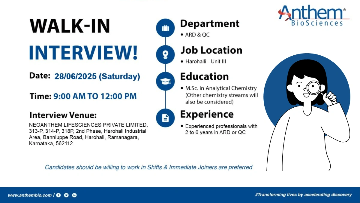 Anthem BioSciences Walk-In Interview for ARD & QC Roles on 28th June