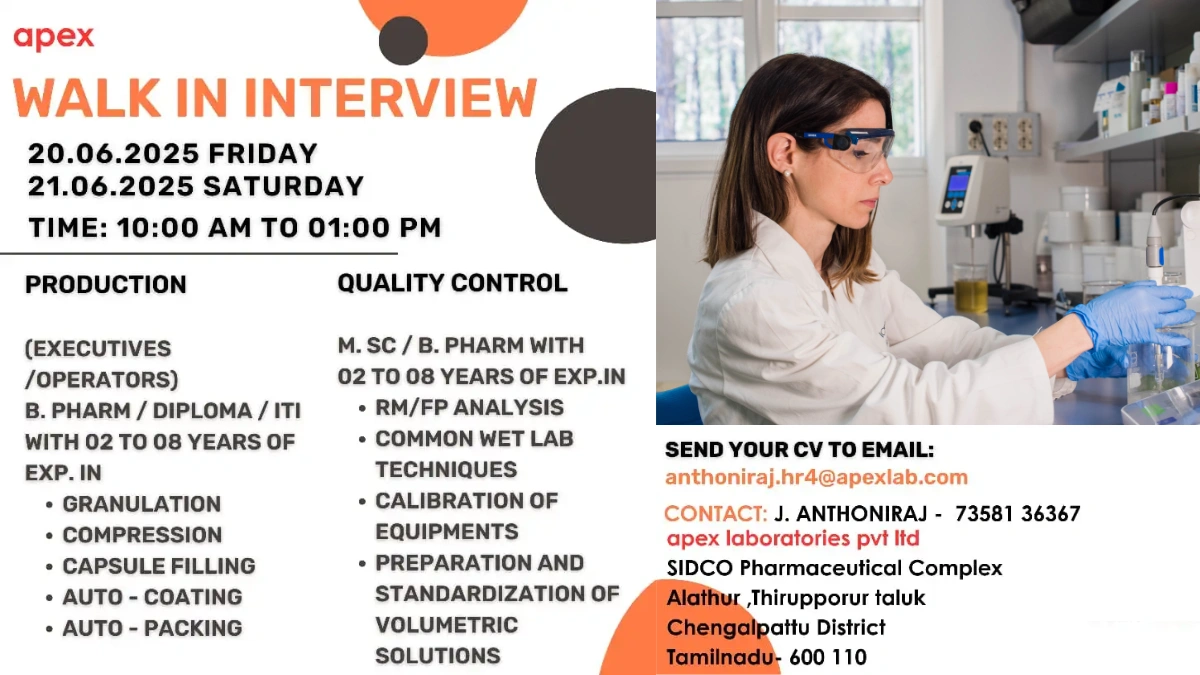 Apex Laboratories Walk-In Interview for Production & Quality Control