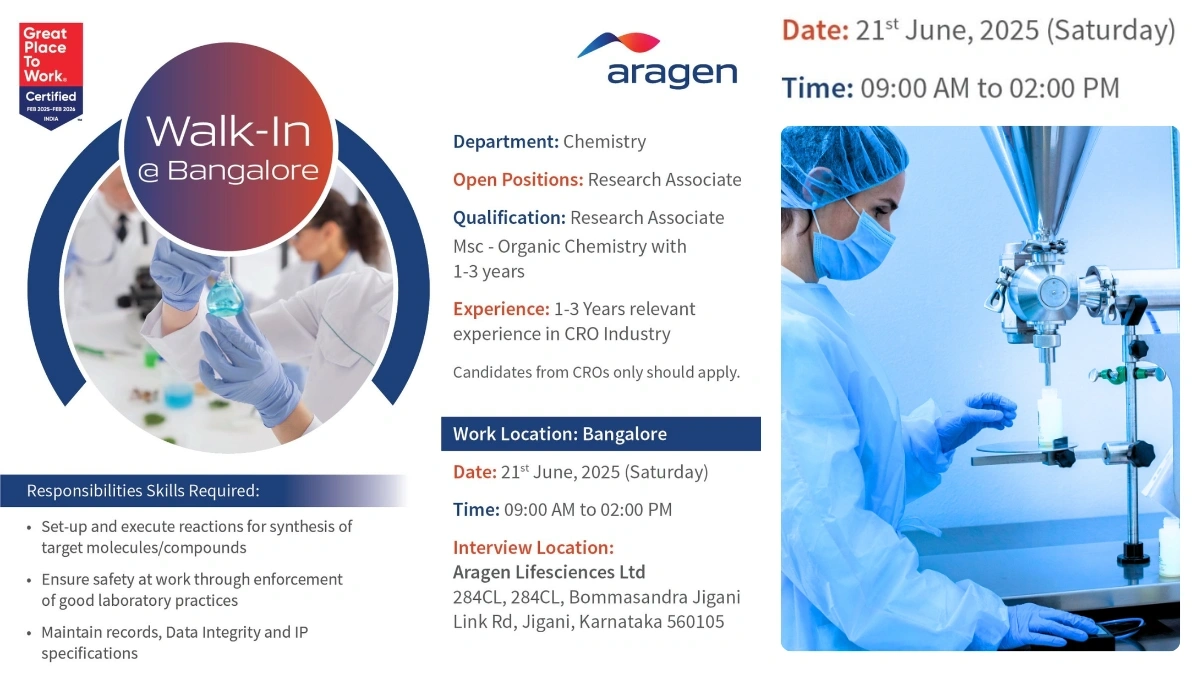 Aragen Life Sciences Walk-In Interview for Research Associate – Chemistry