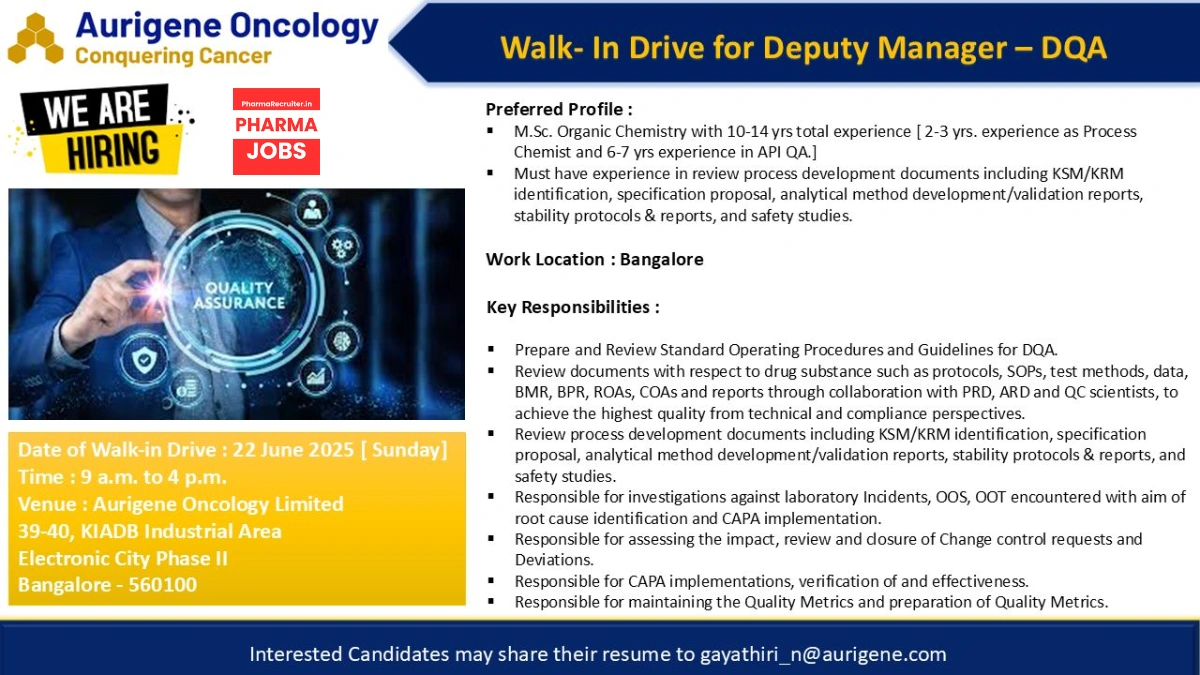 Aurigene Oncology Walk-In Drive for Deputy Manager – Quality Assurance