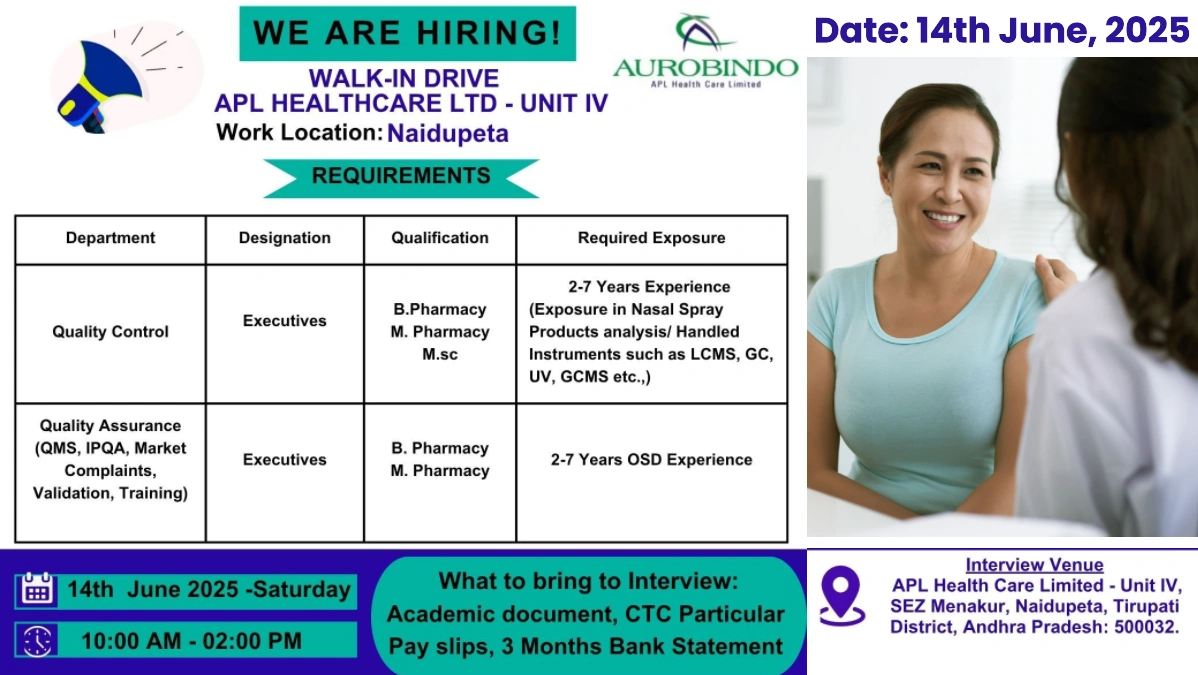 Aurobindo APL Health Care Walk-In Drive for Quality Control & Assurance Jobs
