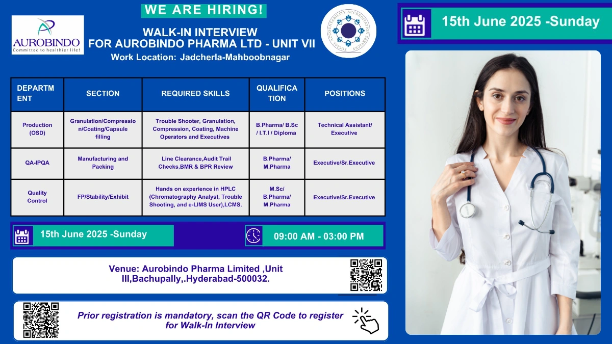 Aurobindo Pharma Walk-In Interview for Production (OSD), QA-IPQA and Quality Control