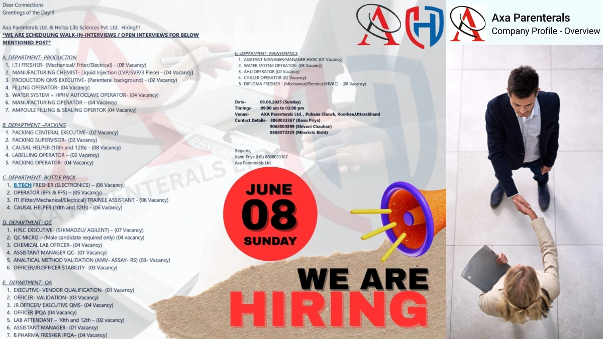 Axa Parenterals & Heilsa Life Sciences Walk-In Interviews for Multiple Positions on 8th June