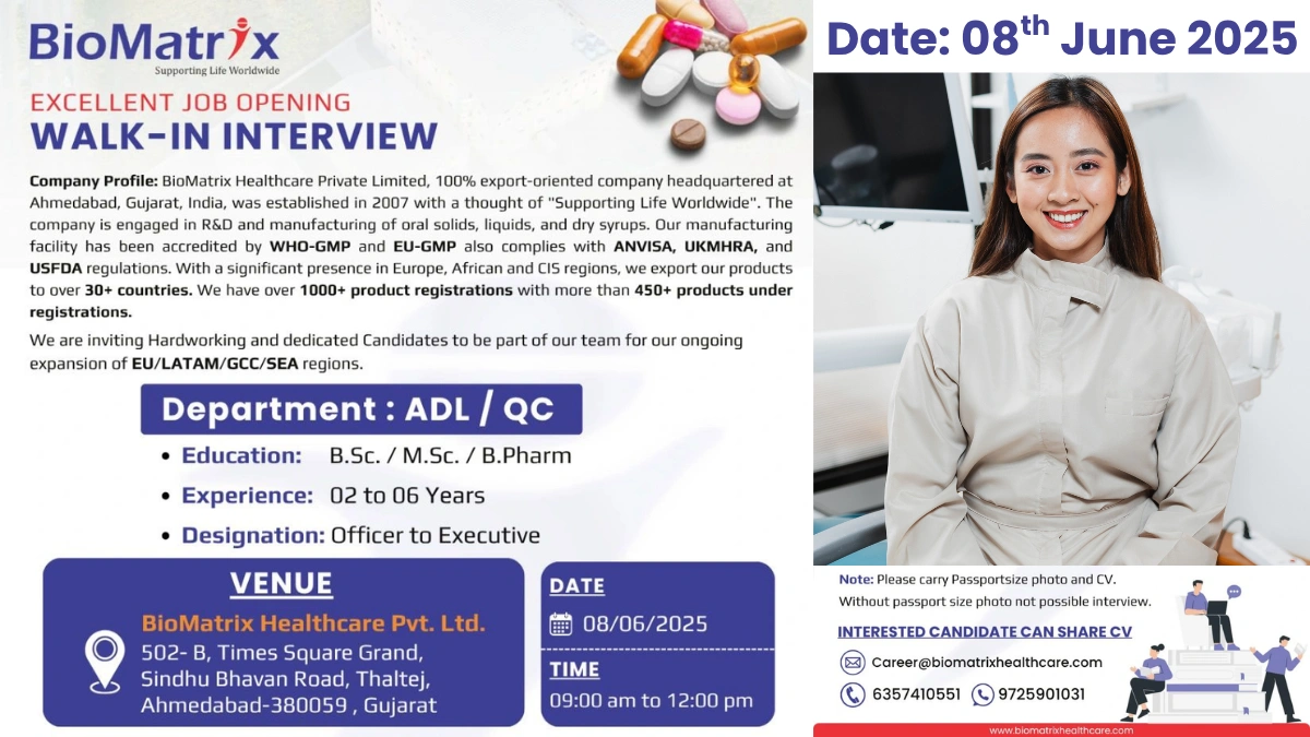 BioMatrix Healthcare Walk-In Interview for ADL and QC Officer to Executive Roles