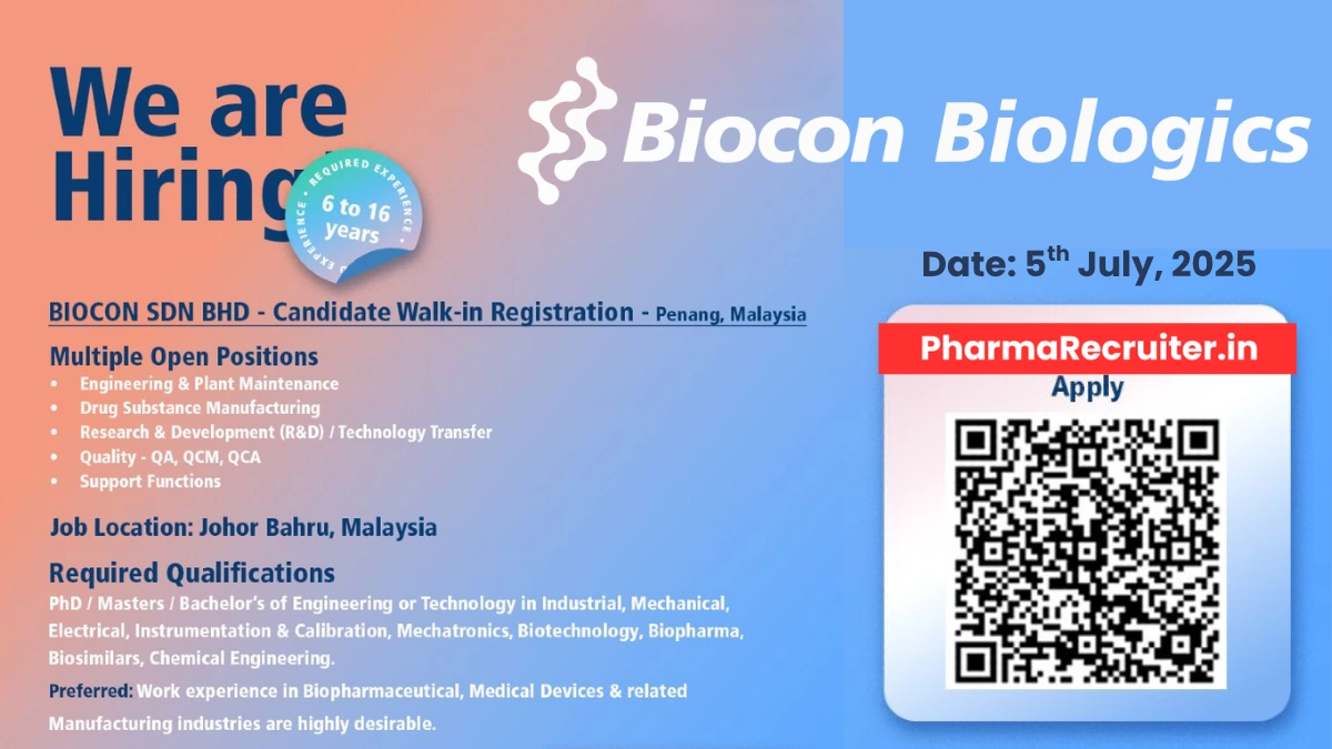 Biocon Biologics Walk-in Drive for Engineering & Plant Maintenance, Quality and R&D Roles
