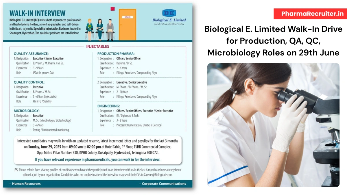 Biological E. Limited Walk-In Drive for Production, QA, QC, Microbiology Roles on 29th June