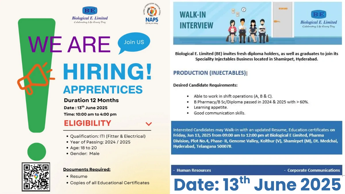 Biological E. Limited Walk-In Interview for Apprentices