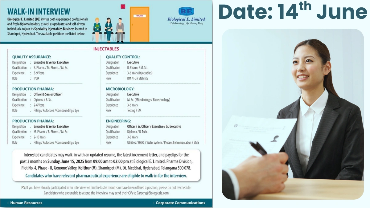 Biological E. Limited Walk-In Interview for Freshers & Experienced Candidates for Multiple Roles