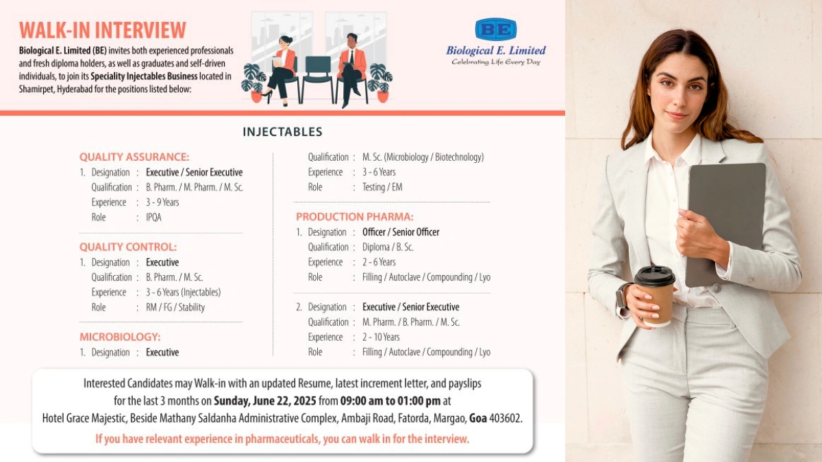 Biological E. Limited Walk-in Interview for Specialty Injectables in Shamirpet, Hyderabad