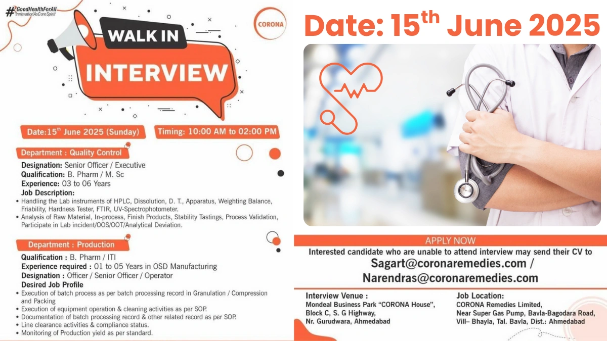 CORONA Remedies Walk-In Interview for Quality Control & Production Jobs