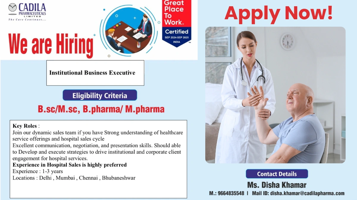 Cadila Pharmaceuticals Hiring for Institutional Business Executive