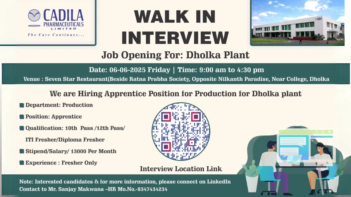Cadila Pharmaceuticals Limited Walk-In Interview for Apprentice Roles on 6th June