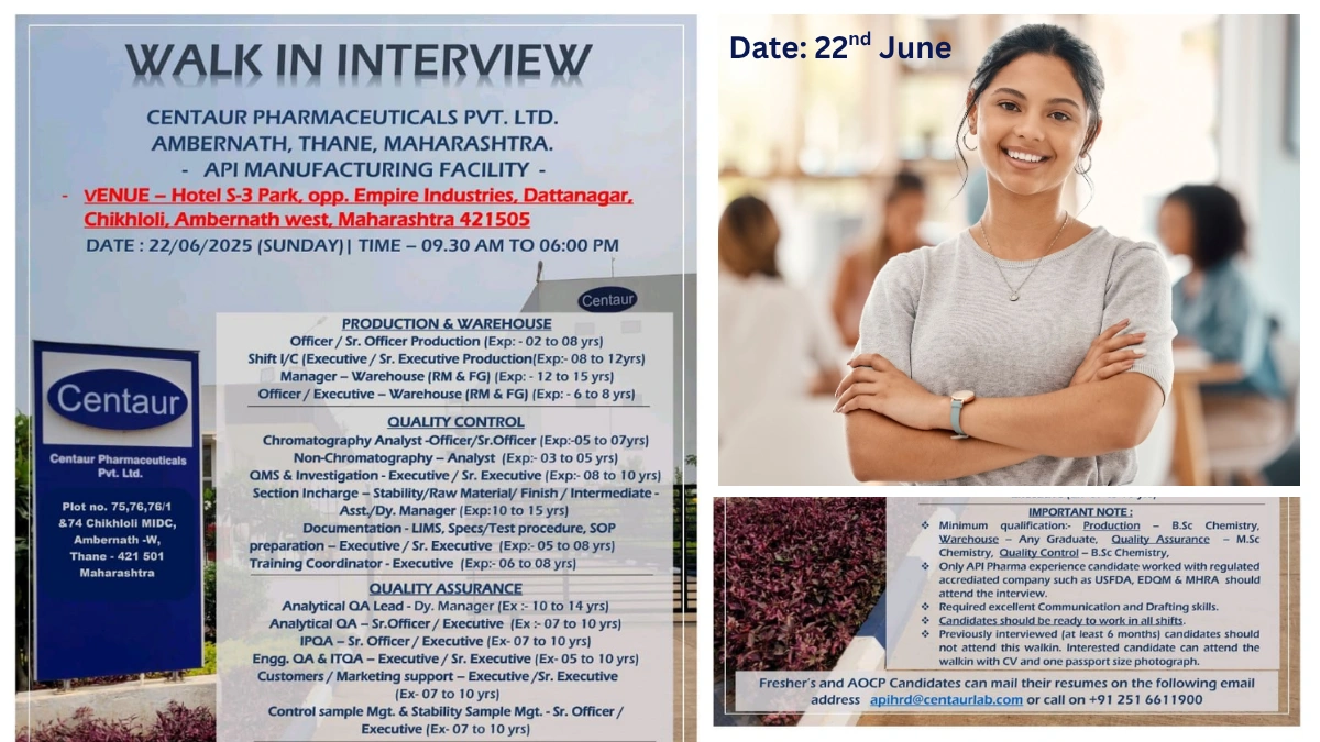 Centaur Pharmaceuticals Walk-In Interview for API Manufacturing Roles - Production, QA, QC & Warehouse