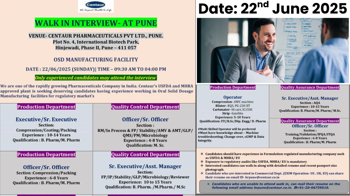 Centaur Pharmaceuticals Walk-In Interview for OSD Manufacturing Roles