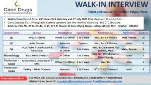Ciron Drugs & Pharmaceuticals Walk-In Drive for Tablet & Capsule Roles on 28th June