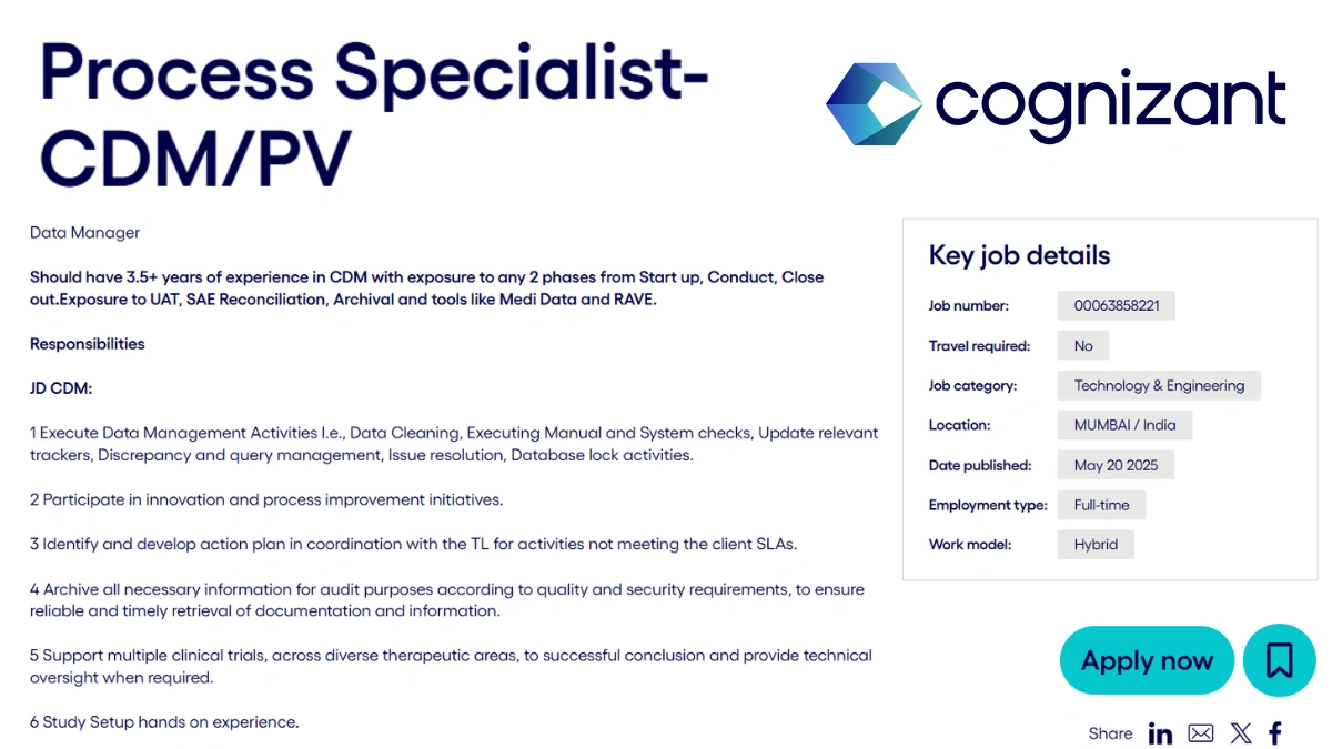 Cognizant Walk-In Interview for Process Specialist – Clinical Data Management & Pharmacovigilance