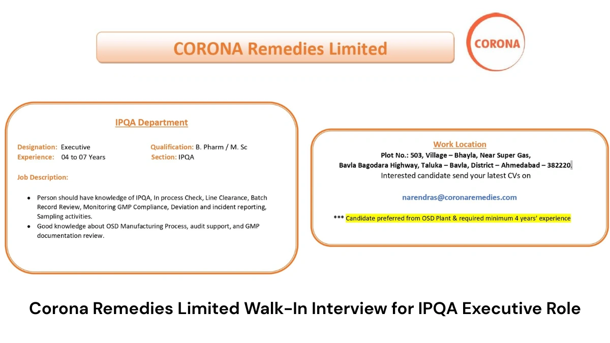 Corona Remedies Limited Walk-In Interview for IPQA Executive Role