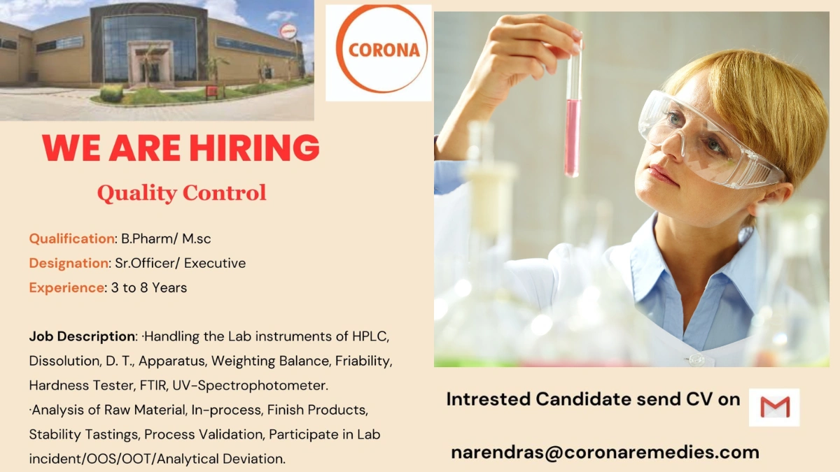 Corona Remedies Walk-In Recruitment Drive for Quality Control Roles