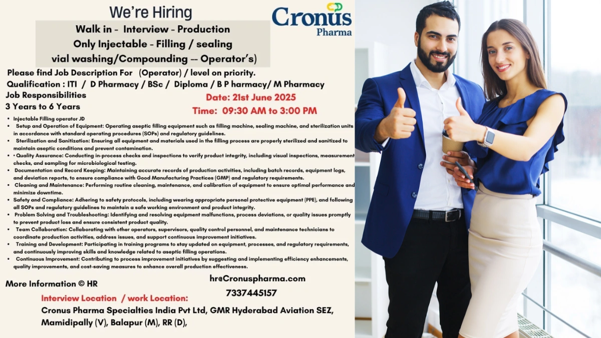 Cronus Pharma Walk-in Interview for Injectable Filling Operators