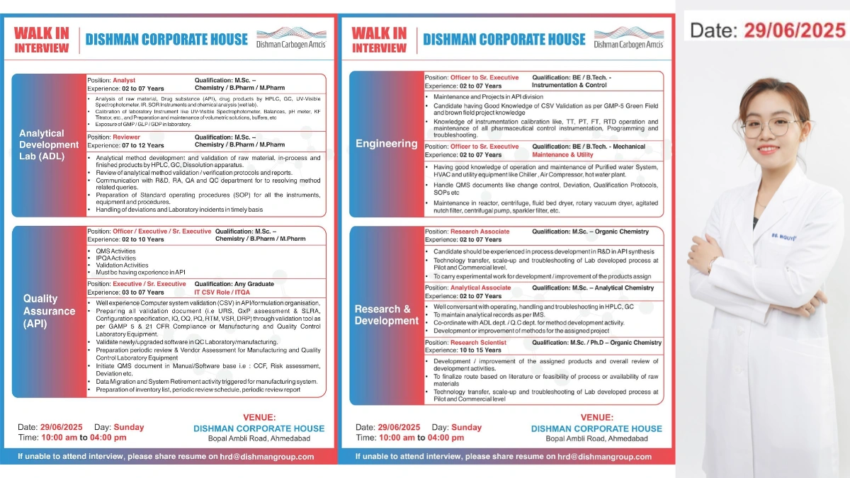 Dishman Carbogen Amcis Walk-In Drive for QA, ADL, Research & Development and Engineering Roles on 29th June