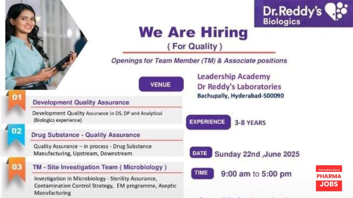 Dr. Reddy’s Biologics Walk-In Drive for Quality Roles on 22nd June