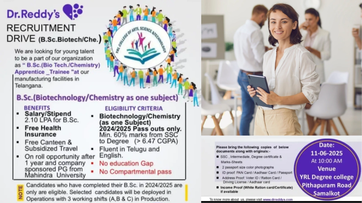 Dr. Reddy’s Laboratory Walk-In Recruitment Drive for B.Sc. Biotech & Chemistry Apprentices