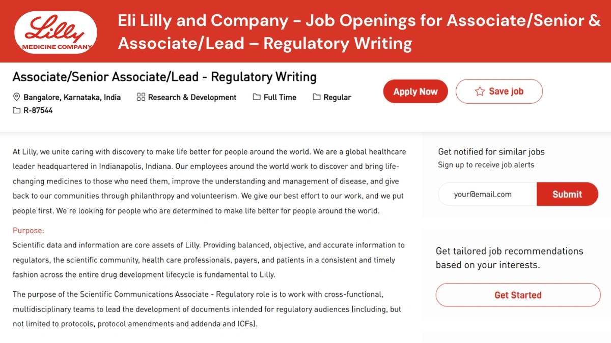 Eli Lilly and Company - Job Openings for Associate Senior & Associate Lead – Regulatory Writing