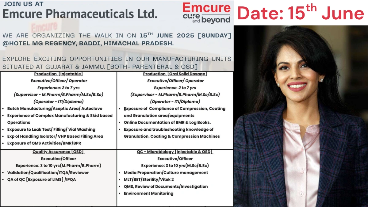 Emcure Pharmaceuticals Walk-In Interview for Production, QA, QC, and Engineering Roles