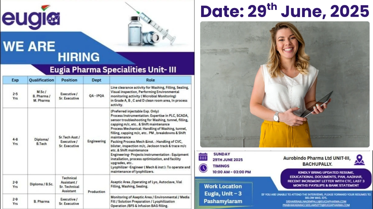 Eugia Pharma Walk-In Drive for Production, Quality Assurance and Engineering Roles