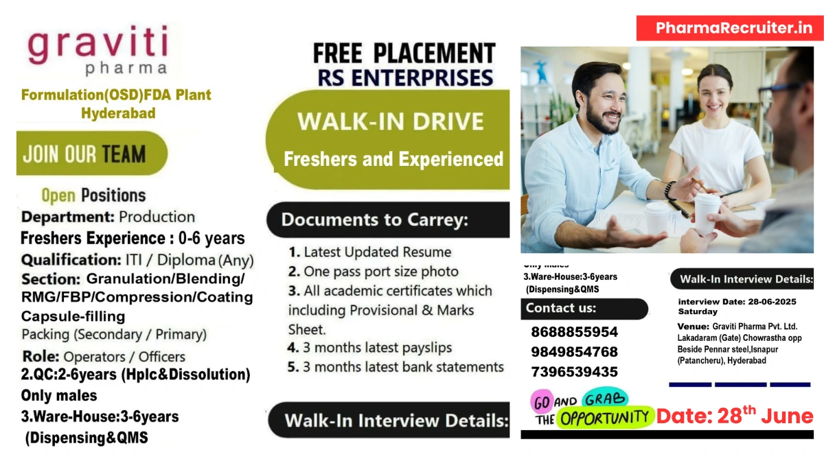 Freshers Jobs @ Graviti Pharma Walk-In Drive for Production, QC, and Warehouse Roles on 28th June