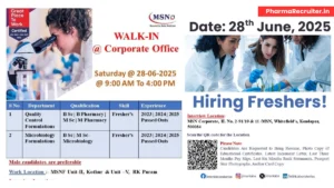 Freshers Jobs @ MSN Laboratories Walk-In Interview Quality Control & Microbiology Roles on 28th June