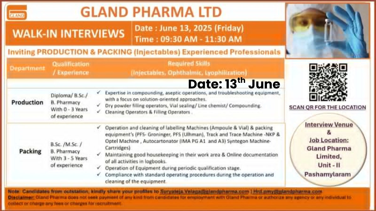 Gland Pharma Ltd Walk-In Interview for Production & Packing (Injectables) Jobs