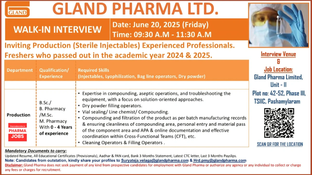 Gland Pharma Ltd Walk-In Interview for Sterile Injectables Roles