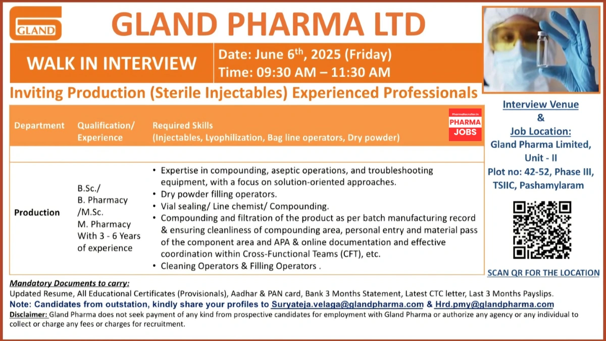 Gland Pharma Walk-In Interview for Production Departments on 6th June