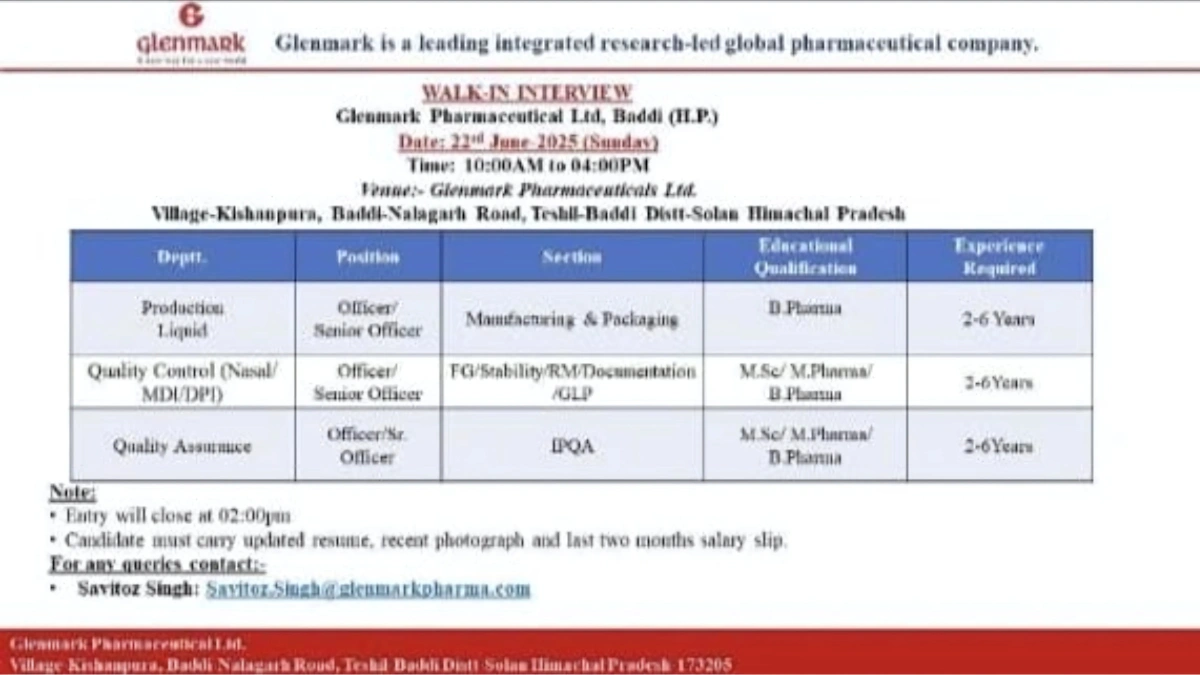 Glenmark Pharmaceuticals Walk-in Interview for Manufacturing Unit in Baddi on 22nd June